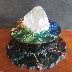 Large quartz selenite and multicolor crushed glass 'geode' home decor figurines
